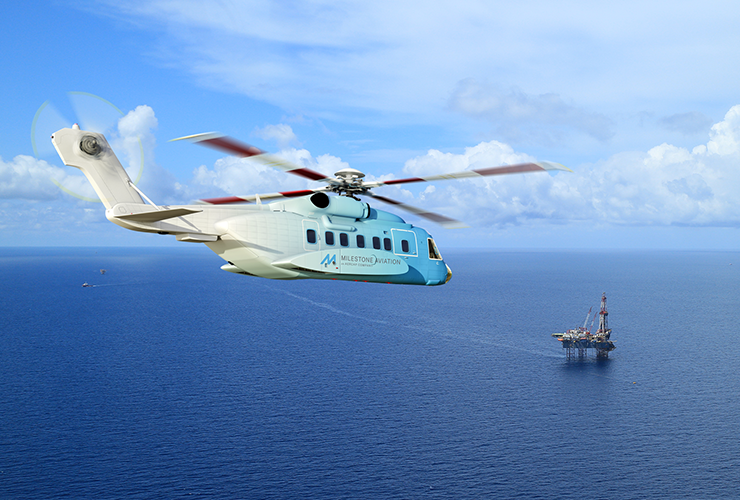 Helicopter approaching an off-shore oil rig